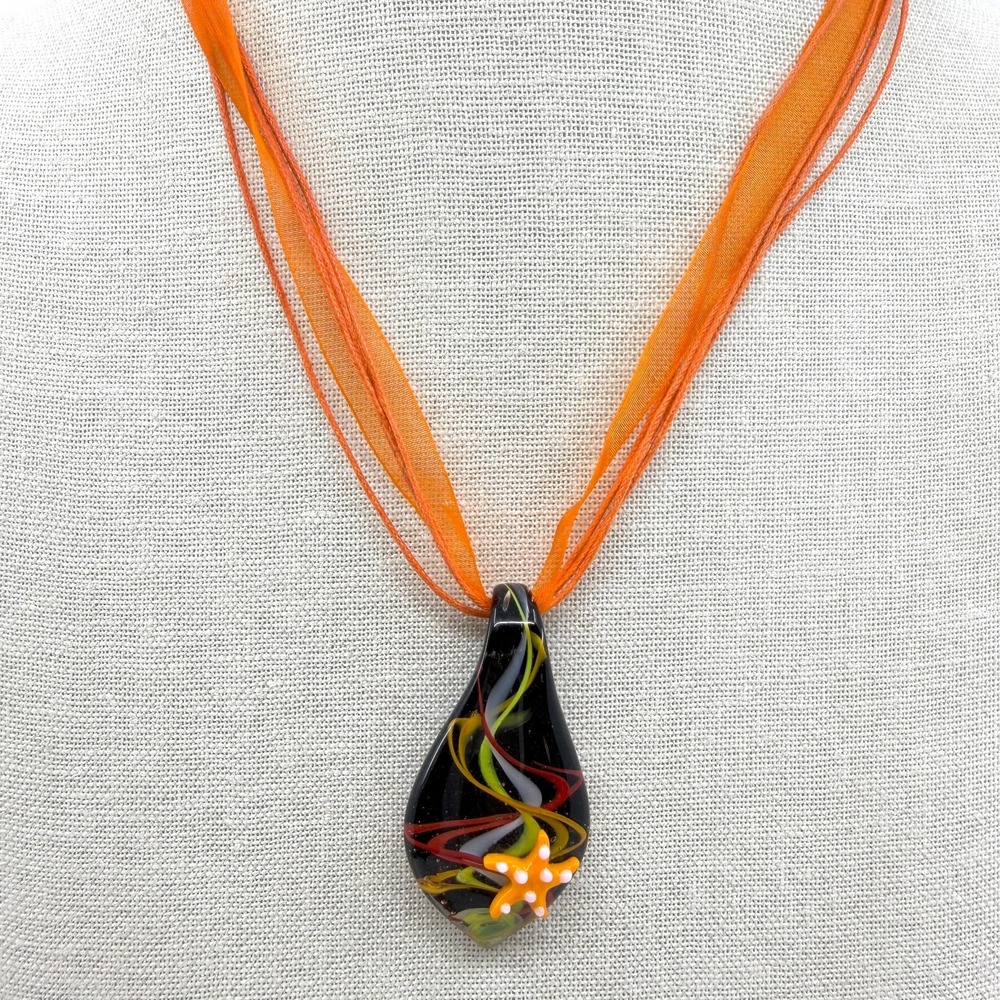 Art Glass Starfish Pendant Necklace Orange Ribbon Boho Coastal Festival Gift